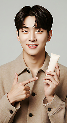 JPG 모델 편집이미지 패션 남자 한명 미소 들기 20대 성인 화장 뷰티 화장품 크림 베이지색 의료성형뷰티 성인남자한명만 세련 피부건강 편집실사 AI인물포토 AI콘텐츠 1 컬러 모션 표정 건강 사람 청년 CG 남자한명만 성인남자만 파일형식 AI포토