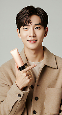 JPG 모델 편집이미지 패션 남자 한명 미소 들기 20대 성인 화장 뷰티 화장품 베이지색 파운데이션 의료성형뷰티 성인남자한명만 세련 피부건강 편집실사 AI인물포토 AI콘텐츠 1 컬러 모션 표정 건강 사람 청년 CG 남자한명만 성인남자만 파일형식 AI포토