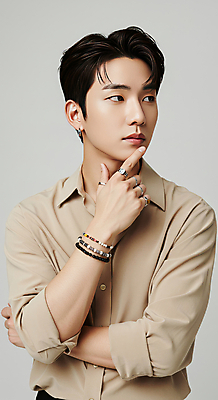 JPG 모델 편집이미지 패션 남자 포즈 셔츠 한명 손짓 상반신 20대 성인 뷰티 턱괴기 자신감 분위기 심플 강렬 베이지색 카리스마 의료성형뷰티 성인남자한명만 세련 편집실사 AI인물포토 AI콘텐츠 1 감정 컬러 컨셉 상의 모션 사람 청년 CG 남자한명만 성인남자만 파일형식 AI포토