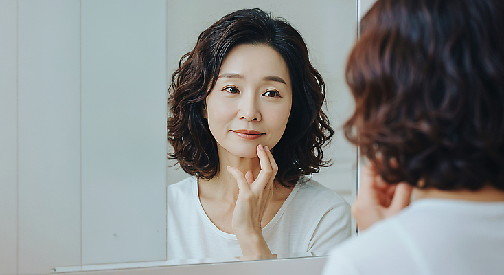 JPG 편집이미지 여자 40대 중년 한명 미소 상반신 뷰티 거울 피부관리 스킨케어 의료성형뷰티 중년여자한명만 피부건강 편집실사 AI인물포토 AI콘텐츠 1 표정 건강 사람 성인 CG 여자한명만 중년여자만 파일형식 AI포토