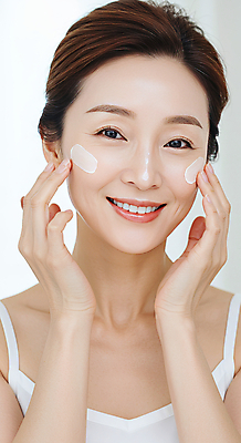 JPG 편집이미지 여자 40대 중년 한명 미소 상반신 뷰티 화장품 크림 피부관리 바르기 스킨케어 의료성형뷰티 중년여자한명만 피부건강 편집실사 AI인물포토 AI콘텐츠 1 모션 표정 건강 사람 성인 CG 여자한명만 중년여자만 파일형식 AI포토