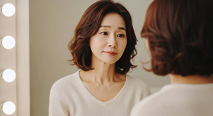 JPG 편집이미지 여자 40대 중년 한명 미소 상반신 뷰티 거울 피부관리 스킨케어 의료성형뷰티 중년여자한명만 피부건강 편집실사 AI인물포토 AI콘텐츠 1 표정 건강 사람 성인 CG 여자한명만 중년여자만 파일형식 AI포토