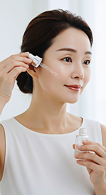 JPG 편집이미지 여자 40대 중년 한명 미소 들기 상반신 뷰티 화장품 크림 피부관리 바르기 스킨케어 앰플 의료성형뷰티 중년여자한명만 세럼 피부건강 편집실사 AI인물포토 AI콘텐츠 1 모션 표정 건강 사람 성인 CG 여자한명만 중년여자만 파일형식 AI포토