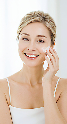 JPG 편집이미지 여자 40대 중년 한명 미소 상반신 뷰티 화장품 크림 피부관리 바르기 스킨케어 의료성형뷰티 중년여자한명만 피부건강 편집실사 AI인물포토 AI콘텐츠 1 모션 표정 건강 사람 성인 CG 여자한명만 중년여자만 파일형식 AI포토