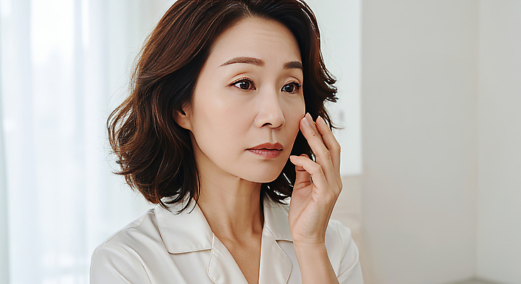 JPG 편집이미지 여자 40대 중년 한명 미소 상반신 뷰티 피부관리 스킨케어 의료성형뷰티 중년여자한명만 피부건강 편집실사 AI인물포토 AI콘텐츠 1 표정 건강 사람 성인 CG 여자한명만 중년여자만 파일형식 AI포토