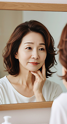 JPG 편집이미지 여자 40대 중년 한명 미소 상반신 뷰티 거울 피부관리 스킨케어 의료성형뷰티 중년여자한명만 피부건강 편집실사 AI인물포토 AI콘텐츠 1 표정 건강 사람 성인 CG 여자한명만 중년여자만 파일형식 AI포토