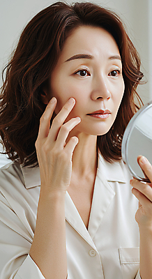 JPG 편집이미지 여자 40대 중년 한명 미소 들기 상반신 뷰티 화장품 거울 피부관리 스킨케어 의료성형뷰티 중년여자한명만 피부건강 편집실사 AI인물포토 AI콘텐츠 1 모션 표정 건강 사람 성인 CG 여자한명만 중년여자만 파일형식 AI포토