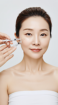 JPG 편집이미지 손 여자 40대 중년 주사기 한명 미소 들기 상반신 신체부위 뷰티 화장품 크림 피부관리 스킨케어 의료성형뷰티 중년여자한명만 피부건강 편집실사 AI인물포토 AI콘텐츠 1 의료기기 모션 표정 건강 사람 성인 CG 여자한명만 중년여자만 파일형식 AI포토