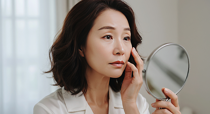 JPG 편집이미지 여자 40대 중년 한명 미소 들기 상반신 뷰티 화장품 거울 피부관리 스킨케어 의료성형뷰티 중년여자한명만 세럼 피부건강 편집실사 AI인물포토 AI콘텐츠 1 모션 표정 건강 사람 성인 CG 여자한명만 중년여자만 파일형식 AI포토