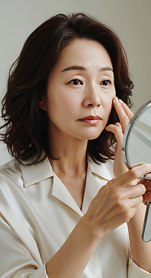 JPG 편집이미지 여자 40대 중년 한명 미소 들기 상반신 뷰티 화장품 거울 피부관리 스킨케어 의료성형뷰티 중년여자한명만 피부건강 편집실사 AI인물포토 AI콘텐츠 1 모션 표정 건강 사람 성인 CG 여자한명만 중년여자만 파일형식 AI포토