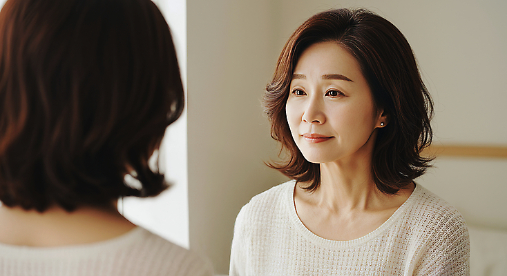 JPG 편집이미지 여자 40대 중년 한명 미소 상반신 뷰티 거울 피부관리 스킨케어 의료성형뷰티 중년여자한명만 피부건강 편집실사 AI인물포토 AI콘텐츠 1 표정 건강 사람 성인 CG 여자한명만 중년여자만 파일형식 AI포토