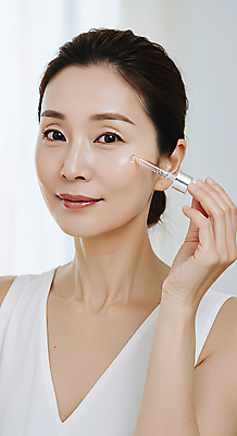 JPG 편집이미지 여자 40대 중년 한명 미소 들기 상반신 뷰티 화장품 피부관리 스킨케어 의료성형뷰티 중년여자한명만 세럼 피부건강 편집실사 AI인물포토 AI콘텐츠 1 모션 표정 건강 사람 성인 CG 여자한명만 중년여자만 파일형식 AI포토