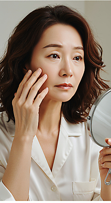 JPG 편집이미지 여자 40대 중년 한명 미소 들기 상반신 뷰티 화장품 거울 피부관리 스킨케어 의료성형뷰티 중년여자한명만 세럼 피부건강 편집실사 AI인물포토 AI콘텐츠 1 모션 표정 건강 사람 성인 CG 여자한명만 중년여자만 파일형식 AI포토