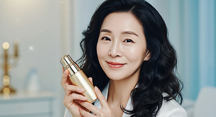 JPG 편집이미지 여자 40대 중년 한명 미소 들기 상반신 뷰티 화장품 피부관리 스킨케어 의료성형뷰티 중년여자한명만 세럼 피부건강 편집실사 AI인물포토 AI콘텐츠 1 모션 표정 건강 사람 성인 CG 여자한명만 중년여자만 파일형식 AI포토