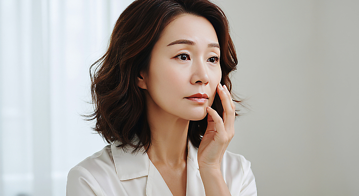 JPG 편집이미지 여자 40대 중년 한명 미소 상반신 뷰티 피부관리 스킨케어 의료성형뷰티 중년여자한명만 피부건강 편집실사 IC뷰티큐레이션 AI인물포토 AI콘텐츠 1 표정 건강 사람 성인 CG 여자한명만 중년여자만 파일형식 AI포토