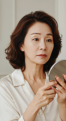 JPG 편집이미지 여자 40대 중년 한명 미소 들기 상반신 뷰티 화장품 거울 피부관리 스킨케어 의료성형뷰티 중년여자한명만 피부건강 편집실사 IC뷰티큐레이션 AI인물포토 AI콘텐츠 1 모션 표정 건강 사람 성인 CG 여자한명만 중년여자만 파일형식 AI포토