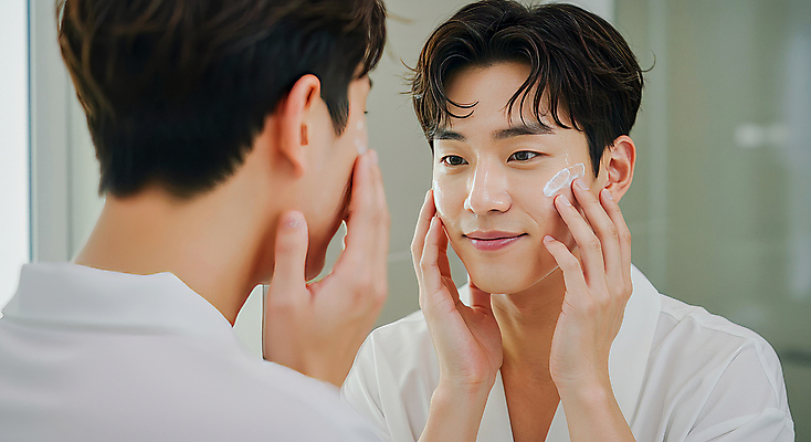 JPG 편집이미지 라이프스타일 남자 실내 한명 미소 상반신 20대 성인 뷰티 깨끗함 거울 흰색 자신감 피부관리 스킨케어 의료성형뷰티 성인남자한명만 편집실사 AI인물포토 AI콘텐츠 1 감정 컬러 컨셉 표정 사람 청년 내부 생활 CG 남자한명만 성인남자만 파일형식 AI포토