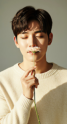 JPG 스튜디오촬영 편집이미지 헤어스타일 남자 꽃 감정 포즈 한명 미소 들기 상반신 20대 성인 캐주얼 빛 햇빛 청결 편안함 모던 감성 베이지색 의료성형뷰티 성인남자한명만 차분 편집실사 AI인물포토 AI콘텐츠 식물 1 옷 컬러 컨셉 모션 실내 표정 사람 청년 태양 감각 위생 CG 남자한명만 성인남자만 파일형식 AI포토