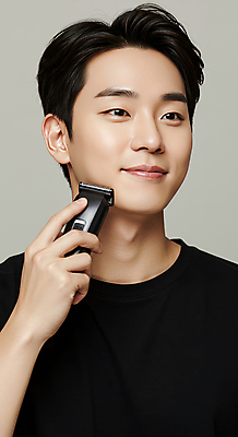 JPG 편집이미지 남자 한명 미소 들기 뷰티 검은색 자신감 모던 면도 면도기 의료성형뷰티 편집실사 IC뷰티큐레이션 AI인물포토 AI콘텐츠 1 감정 컬러 모션 표정 사람 위생용품 CG 파일형식 AI포토