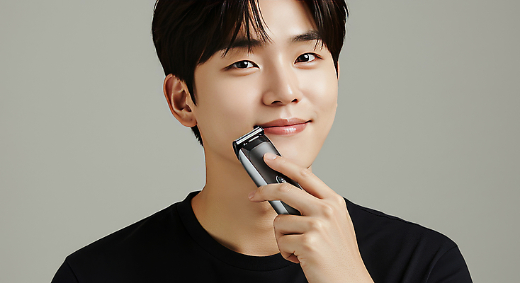 JPG 편집이미지 남자 한명 미소 들기 뷰티 검은색 자신감 모던 면도 면도기 의료성형뷰티 편집실사 IC뷰티큐레이션 AI인물포토 AI콘텐츠 1 감정 컬러 모션 표정 사람 위생용품 CG 파일형식 AI포토