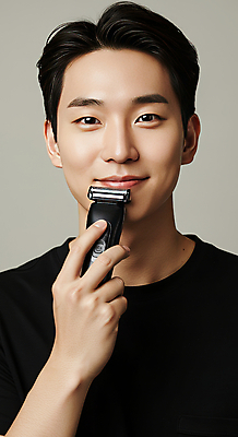 JPG 편집이미지 남자 한명 미소 들기 뷰티 검은색 자신감 모던 면도 면도기 의료성형뷰티 편집실사 IC뷰티큐레이션 AI인물포토 AI콘텐츠 1 감정 컬러 모션 표정 사람 위생용품 CG 파일형식 AI포토