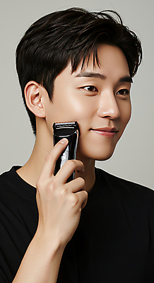 JPG 편집이미지 남자 한명 미소 들기 뷰티 검은색 자신감 모던 면도 면도기 의료성형뷰티 편집실사 IC뷰티큐레이션 AI인물포토 AI콘텐츠 1 감정 컬러 모션 표정 사람 위생용품 CG 파일형식 AI포토