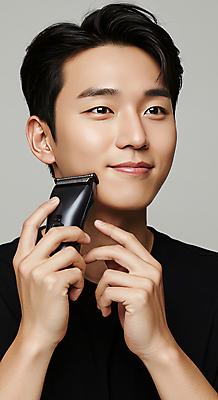 JPG 편집이미지 남자 한명 미소 들기 뷰티 검은색 자신감 모던 면도 면도기 의료성형뷰티 편집실사 IC뷰티큐레이션 AI인물포토 AI콘텐츠 1 감정 컬러 모션 표정 사람 위생용품 CG 파일형식 AI포토