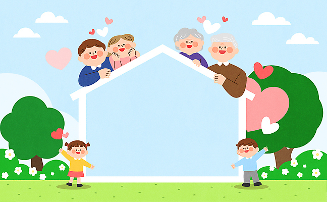 전신 나무 여자 할아버지 노년 남자 꽃 할머니 어린이 하늘색 일러스트 대가족 사랑 소녀 소년 잔디 여러명 상반신 성인 손들기 기쁨 하트 마음 풀 집모양 국내일러스트 AI파일 모양 식물 감정 다수 가족 모션 사람 파란색 파일형식 벡터