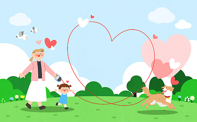 전신 나무 구름 여자 어린이 일러스트 조류 하늘 사랑 소녀 잔디 초원 성인 두명 달리기 산책 기쁨 하트 마음 잡기 풀 강아지 목줄 여자만 국내일러스트 AI파일 자연요소 모양 식물 동물 감정 모션 휴식 사람 반려동물 개 파일형식 벡터 반려용품