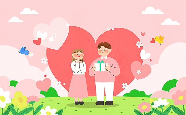 전신 구름 커플 여자 남자 분홍색 일러스트 조류 기념 사랑 들기 이벤트 초원 성인 두명 선물상자 기쁨 들꽃 하트 마음 주기 감동 성인만 국내일러스트 AI파일 자연요소 모양 동물 꽃 감정 컬러 관계 모션 선물 사람 상자 파일형식 벡터