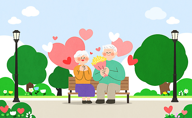 전신 나무 구름 커플 공원 여자 노년 남자 꽃다발 가로등 벤치 일러스트 하늘 선물 사랑 들기 앉기 이벤트 두명 기쁨 하트 마음 주기 감동 노인만 국내일러스트 AI파일 자연요소 모양 식물 공공시설 꽃 감정 의자 관계 모션 사람 성인 성인만 파일형식 벡터