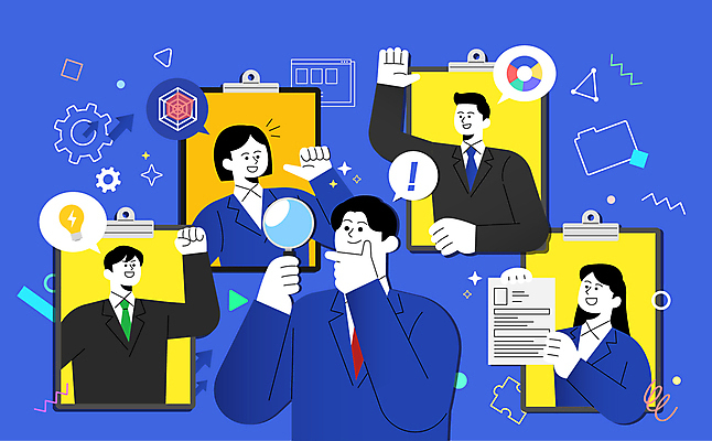 여자 남자 말풍선 일러스트 비즈니스 전구 돋보기 그래프 아이디어 들기 정장 여러명 상반신 성인 파란색 직장인 고민 파일 취업준비생 이력서 고용 서류판 찾기 후보 성인만 육각형인간 국내일러스트 AI파일 직업 옷 감정 컬러 다수 컨셉 모션 사람 사무용품 구직 신조어 채용 파일형식 벡터 2024트렌드