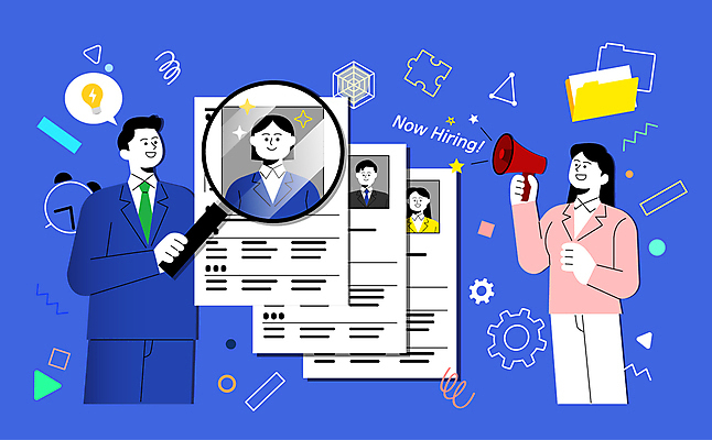 여자 남자 말풍선 일러스트 비즈니스 돋보기 정장 여러명 상반신 성인 파란색 반짝임 확성기 직장인 폴더 취업준비생 이력서 고용 찾기 후보 성인만 국내일러스트 AI파일 직업 옷 컬러 다수 모션 사람 구직 파일 채용 파일형식 벡터