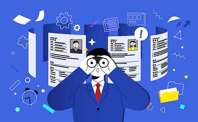 여자 남자 말풍선 일러스트 비즈니스 정장 상반신 성인 세명 파란색 쌍안경 직장인 느낌표 폴더 취업준비생 이력서 고용 찾기 프로필 성인만 국내일러스트 AI파일 직업 기호 옷 컬러 모션 사람 망원경 구직 파일 채용 파일형식 벡터