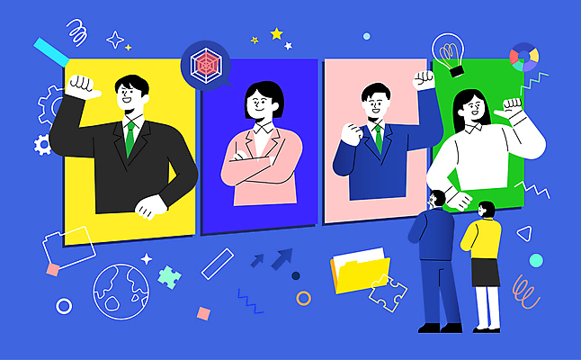 전신 여자 남자 일러스트 비즈니스 정장 여러명 상반신 성인 파란색 손들기 팔짱 파이팅 가리킴 직장인 자신감 고민 폴더 취업준비생 고용 후보 성인만 육각형인간 국내일러스트 AI파일 직업 옷 감정 컬러 다수 모션 사람 손짓 구직 파일 신조어 채용 파일형식 벡터 2024트렌드