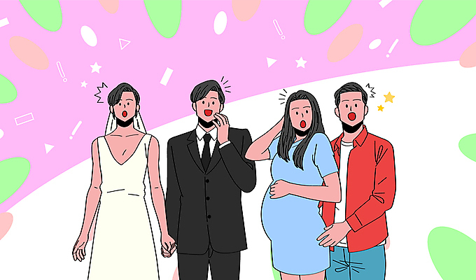 부부 여자 남자 분홍색 웨딩드레스 결혼 일러스트 턱시도 이벤트 여러명 상반신 성인 손들기 놀람 임산부 호기심 감싸기 신랑신부 성인만 국내일러스트 AI파일 커플 드레스 감정 신부_웨딩 컬러 다수 신랑 컨셉 모션 표정 사람 정장 임신 파일형식 벡터