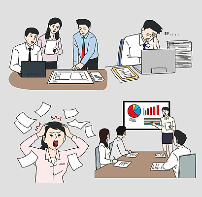 여자 남자 종이 일러스트 회의 협력 직장 정장 여러명 상반신 성인 비즈니스라이프 회색 짜증 기록 직장인 한숨 프레젠테이션 회의실 감싸기 서류더미 통계자료 성인만 흩날리기 일러캐릭터 AI파일 직업 캐릭터 라이프스타일 옷 감정 컬러 다수 회사 비즈니스 모션 통계 사람 자료 문서 파일형식 벡터 더미