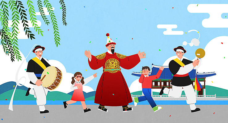 전신 여자 남자 어린이 중년 일러스트 팔벌리기 들기 소녀 소년 여러명 성인 손들기 걷기 고깔모자 축하 가리킴 사물놀이 버드나무 북 꽹과리 상모 경회루 곤룡포 세종대왕 국내일러스트 세종대왕탄신일 AI파일 나무 모자_잡화 기념일 다수 컨셉 모션 타악기 국악기 사람 손짓 전통놀이 한복 전통공연 왕 경복궁 파일형식 벡터