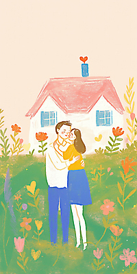 JPG 부부 여자 남자 꽃 행복 잎 일러스트 포옹 주택 사랑 성인 두명 노을 정원 성인만 국내일러스트 AI일러스트 AI콘텐츠 자연요소 식물 커플 감정 안기 사람 건물 파일형식