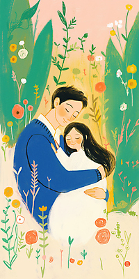 JPG 나무 부부 여자 남자 꽃 행복 잎 일러스트 포옹 사랑 성인 두명 노을 정원 성인만 국내일러스트 AI일러스트 AI콘텐츠 자연요소 식물 커플 감정 안기 사람 파일형식