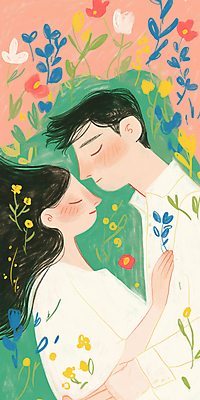 JPG 부부 여자 남자 꽃 행복 잎 꽃밭 일러스트 포옹 키스 사랑 상반신 성인 두명 노을 눈감음 설렘 성인만 국내일러스트 AI일러스트 AI콘텐츠 자연요소 식물 커플 감정 안기 모션 사람 애정표현 파일형식