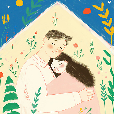 JPG 부부 여자 남자 꽃 행복 잎 일러스트 포옹 집안 조명 사랑 미소 성인 두명 눈감음 성인만 국내일러스트 AI일러스트 AI콘텐츠 식물 커플 감정 안기 모션 실내 표정 사람 파일형식