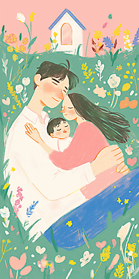 JPG 여자 남자 행복 어린이 잎 꽃밭 일러스트 포옹 주택 사랑 앉기 소년 성인 세명 노을 눈감음 국내일러스트 AI일러스트 AI콘텐츠 자연요소 식물 꽃 감정 안기 모션 사람 건물 파일형식
