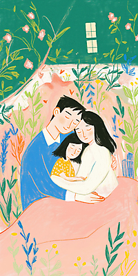 JPG 여자 남자 꽃 행복 잎 일러스트 가족 포옹 실내 사랑 미소 소녀 성인 세명 눈감음 이불 국내일러스트 AI일러스트 AI콘텐츠 식물 감정 어린이 관계 침구 안기 모션 표정 사람 내부 파일형식