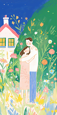 JPG 부부 여자 남자 꽃 행복 잎 일러스트 포옹 밤하늘 산 주택 사랑 미소 성인 두명 숲 성인만 국내일러스트 AI일러스트 AI콘텐츠 식물 커플 감정 안기 하늘 표정 사람 건물 야간 파일형식