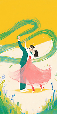 JPG 전신 커플 드레스 여자 남자 리본 일러스트 바람 사랑 성인 두명 노란색 로맨틱 춤 잡기 성인만 국내일러스트 AI일러스트 AI콘텐츠 자연요소 옷 감정 컬러 컨셉 관계 모션 날씨 문화예술 사람 파일형식