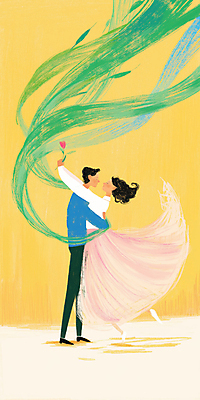 JPG 전신 커플 드레스 여자 남자 꽃 리본 일러스트 바람 사랑 들기 성인 두명 노란색 로맨틱 춤 성인만 국내일러스트 AI일러스트 AI콘텐츠 자연요소 식물 옷 감정 컬러 컨셉 관계 모션 날씨 문화예술 사람 파일형식