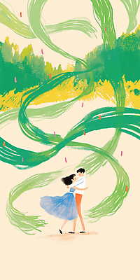 JPG 전신 커플 드레스 여자 남자 리본 일러스트 바람 사랑 성인 두명 초록색 로맨틱 춤 성인만 국내일러스트 AI일러스트 AI콘텐츠 자연요소 옷 감정 컬러 컨셉 관계 날씨 문화예술 사람 파일형식