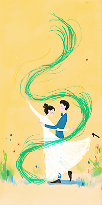 JPG 전신 커플 드레스 여자 남자 리본 일러스트 바람 사랑 성인 두명 노란색 로맨틱 춤 성인만 국내일러스트 AI일러스트 AI콘텐츠 자연요소 옷 감정 컬러 컨셉 관계 날씨 문화예술 사람 파일형식