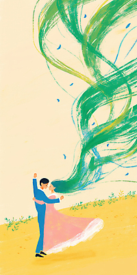 JPG 전신 커플 드레스 여자 남자 일러스트 바람 사랑 초원 성인 두명 노란색 머리카락 로맨틱 춤 언덕 성인만 국내일러스트 AI일러스트 AI콘텐츠 자연요소 옷 감정 컬러 컨셉 관계 날씨 문화예술 사람 머리 파일형식